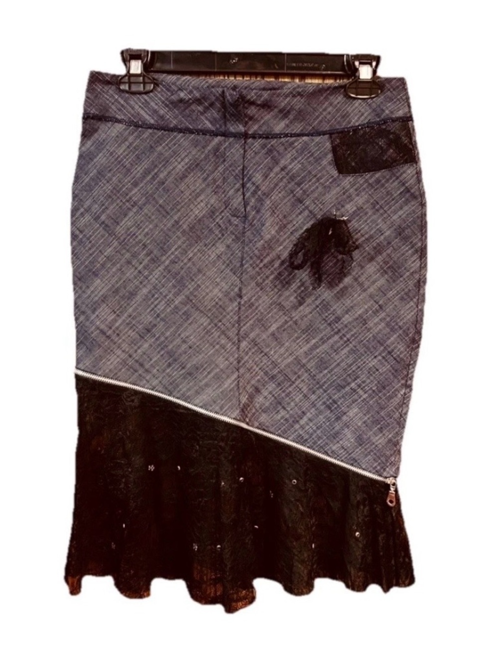 Planet Funk Vintage Y2K Unique Skirt Lace Rhinestones Diagonal Zip Detail S/M
